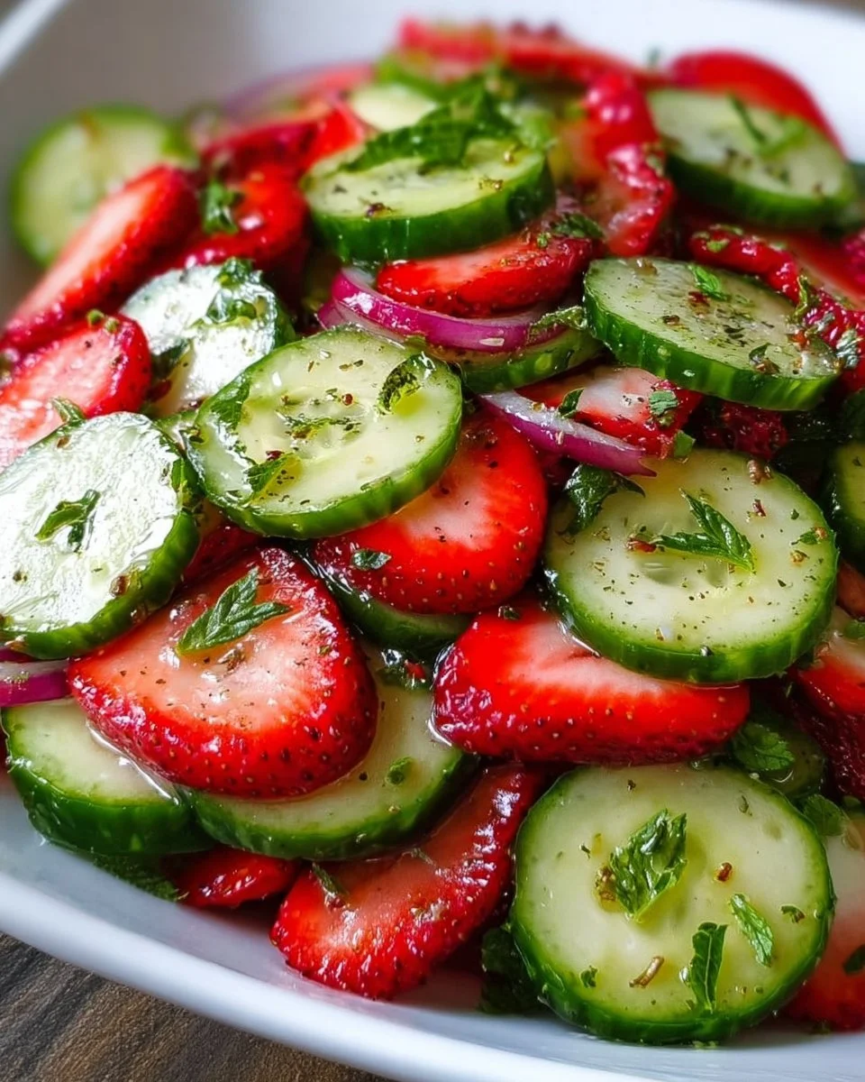 Erfrischender Gurken- und Erdbeersalat in einer Schüssel.