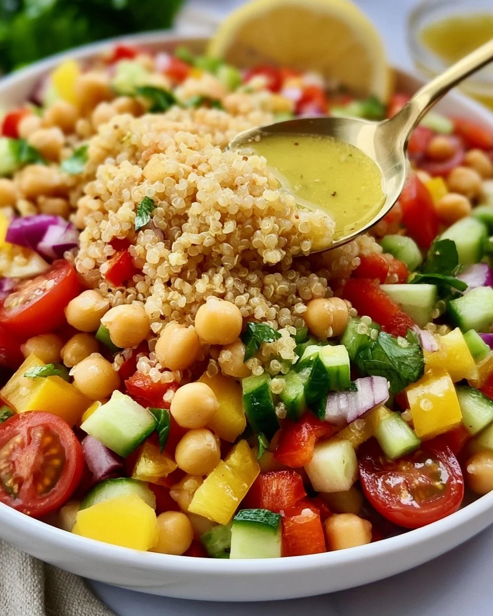 Gesunder Quinoa-Salat mit frischem Gemüse und Dressing