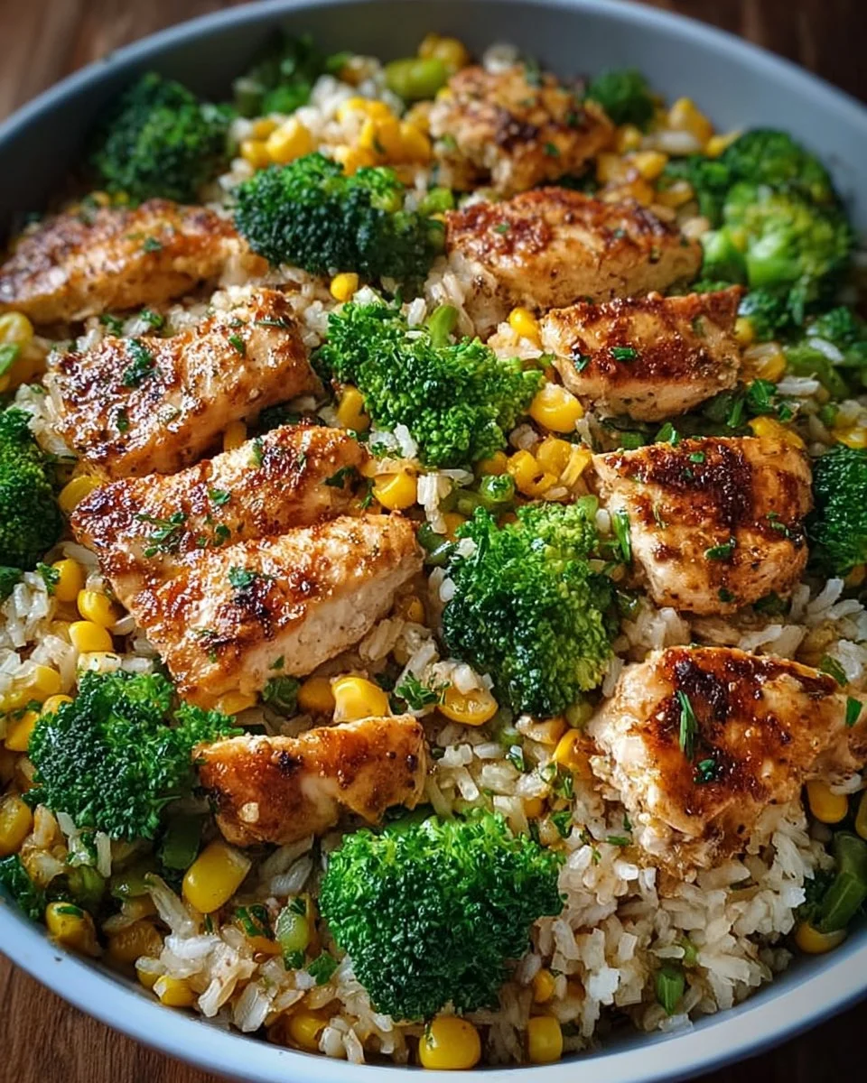 Hähnchen-Reis-Pfanne mit Brokkoli und Mais