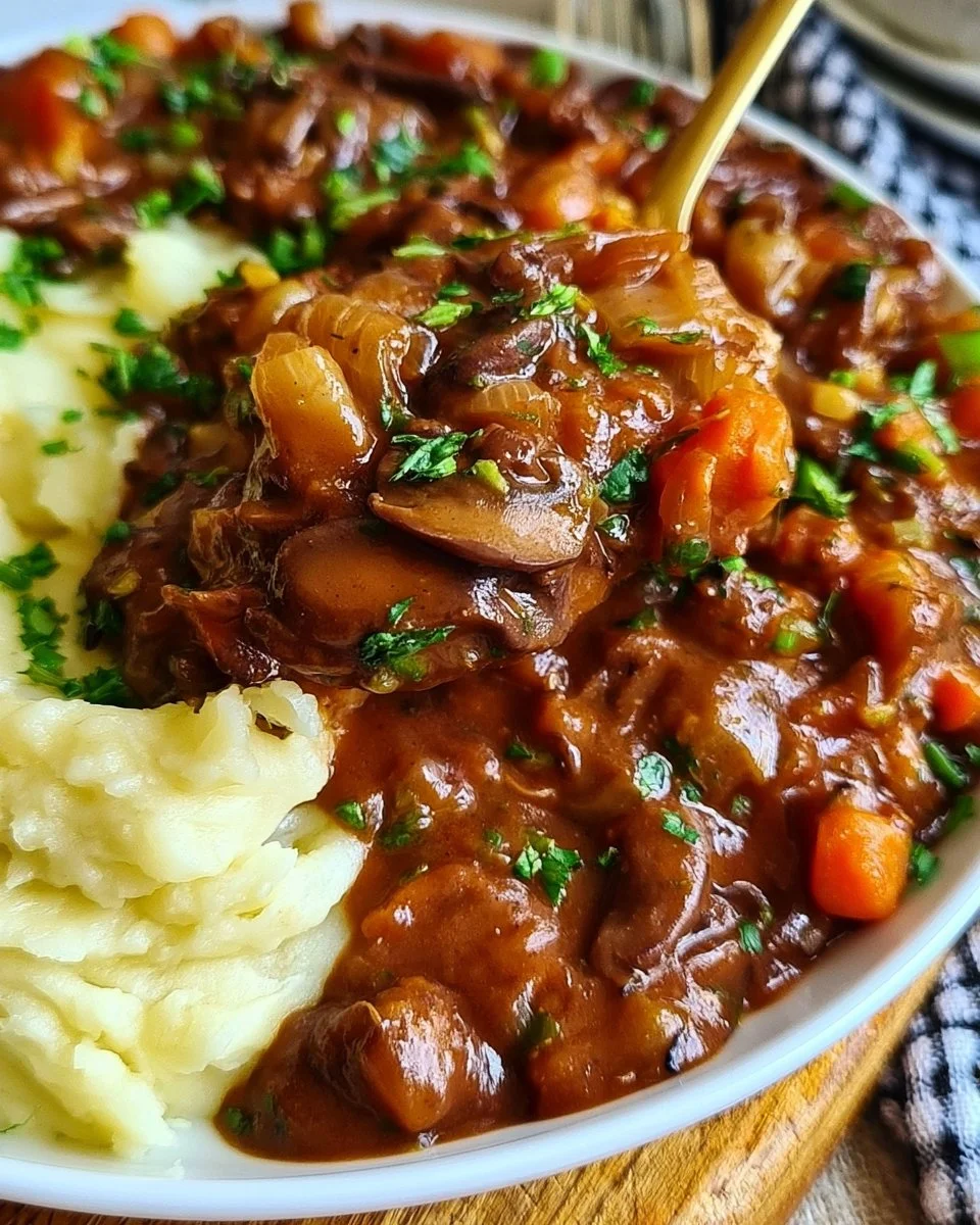 Herzhaftes Pilzgulasch mit Kartoffelpüree