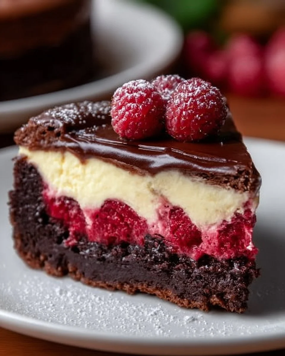 Himbeer-Brownie-Cheesecake mit frischen Himbeeren und Schokoladensauce