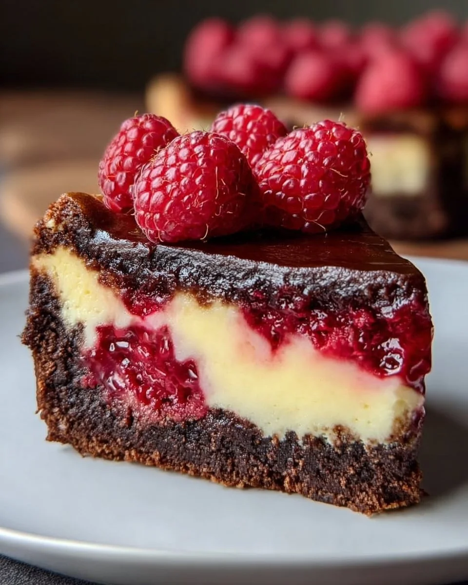 Himbeer Brownie Käsekuchen auf einem Teller mit frischen Himbeeren garniert.