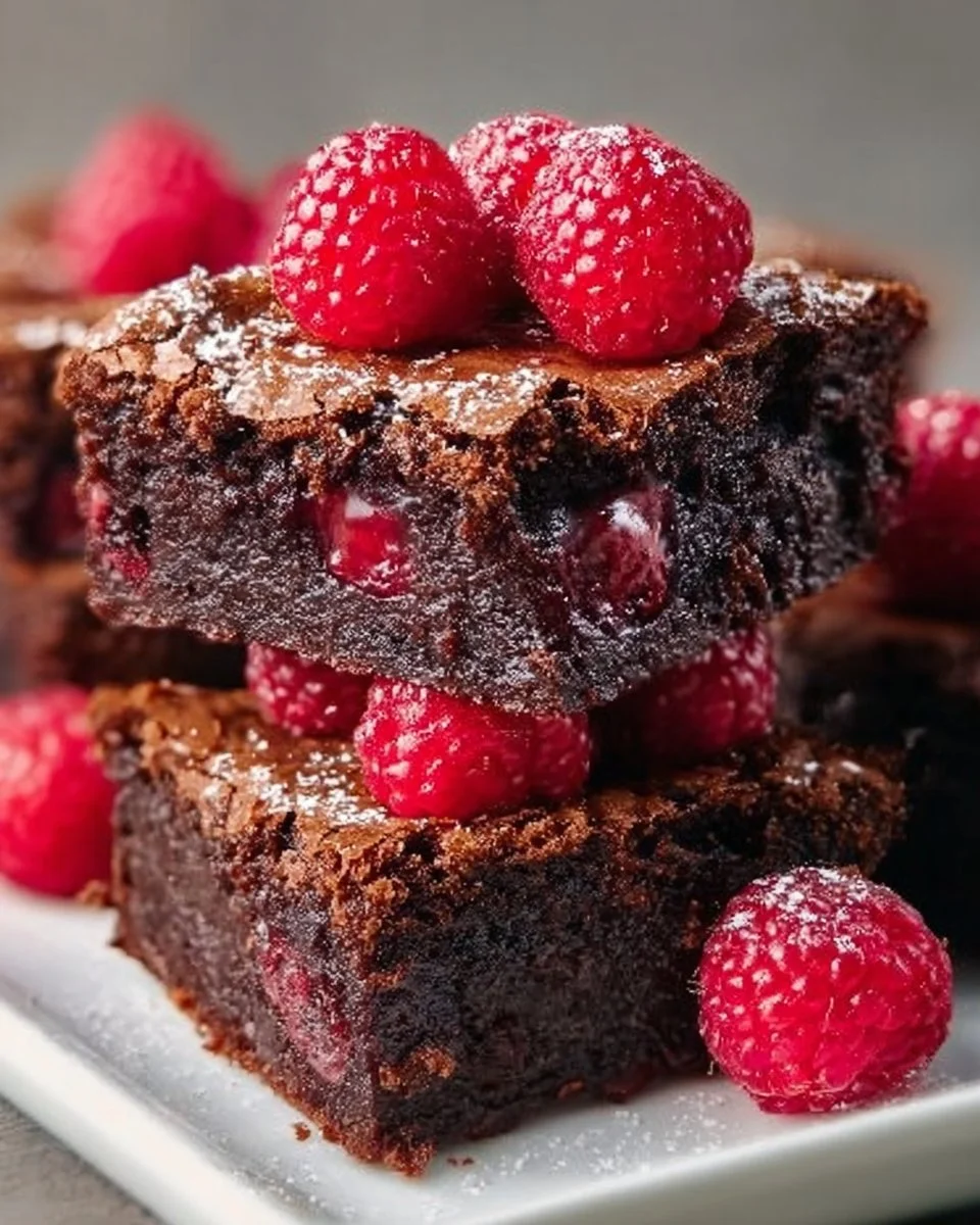 Leckere Himbeer-Brownies auf einem Teller mit frischen Himbeeren