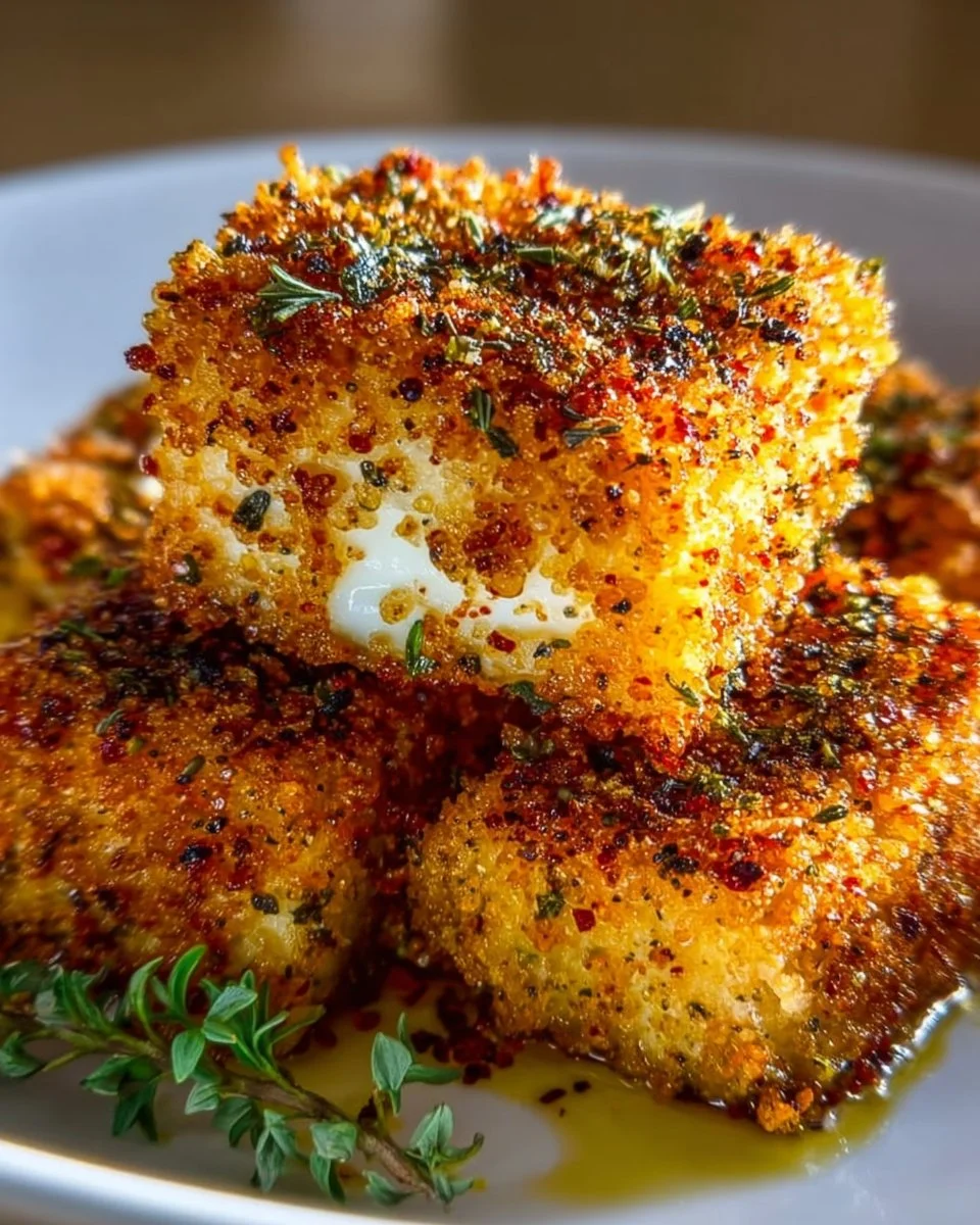 Knuspriger Feta aus dem Airfryer serviert auf einem Teller