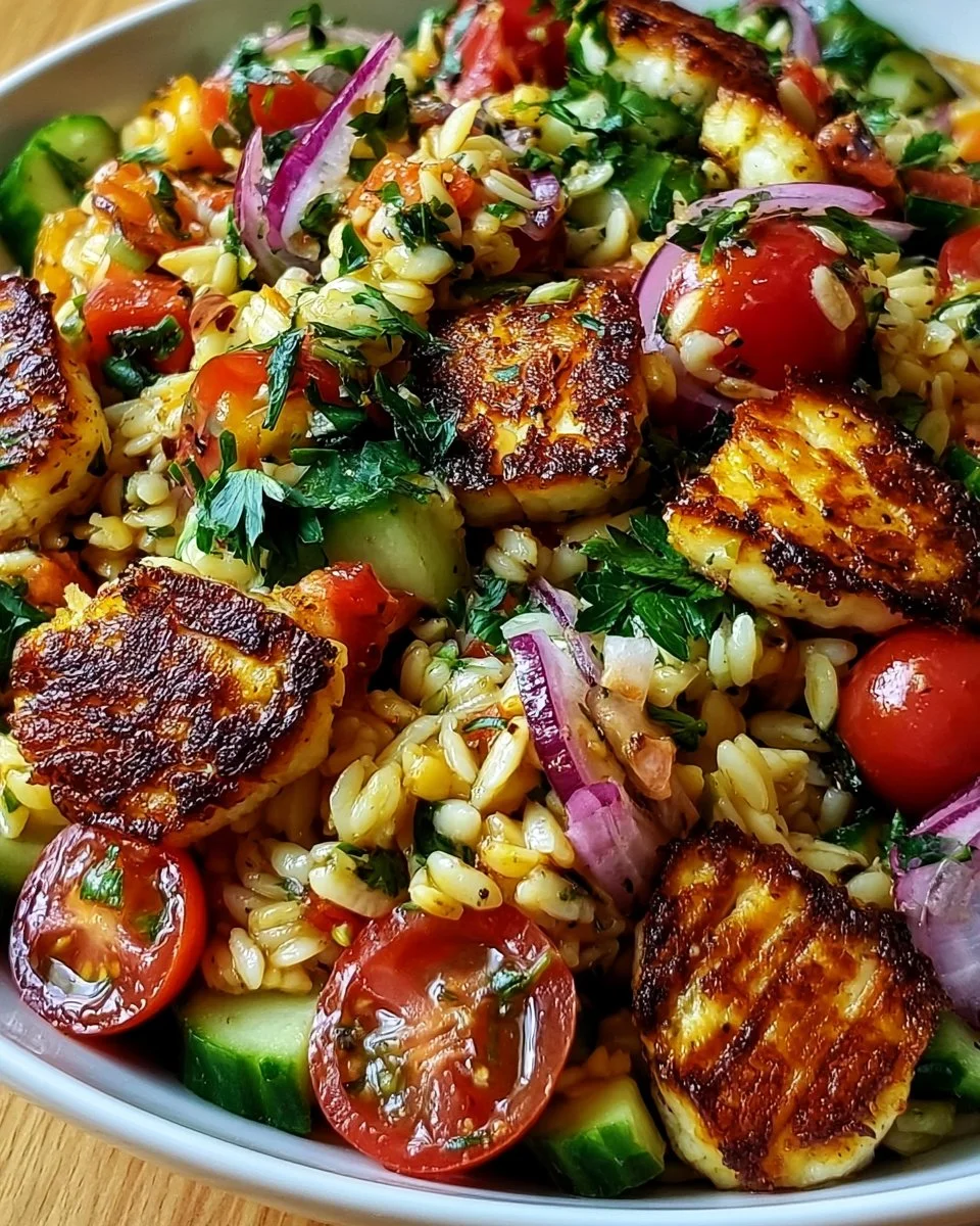 Kritharaki-Salat mit Halloumi-Croutons