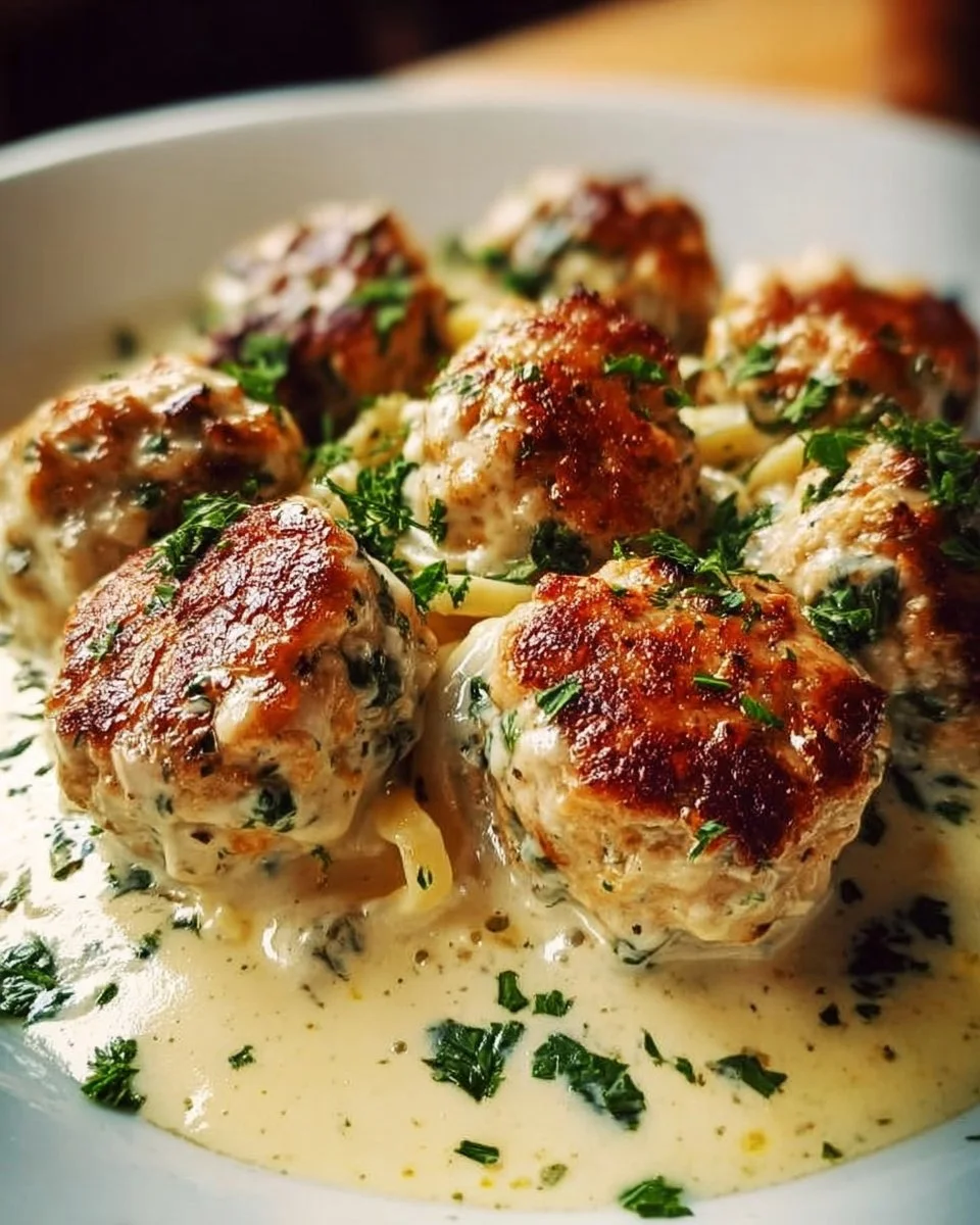 Leckere Hähnchen-Ricotta-Fleischbällchen in Alfredo-Sauce