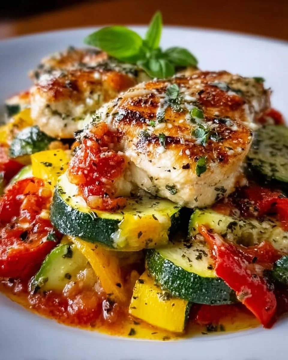 Leckeres Hühnchen-Zucchini-Auflauf auf einem Teller serviert