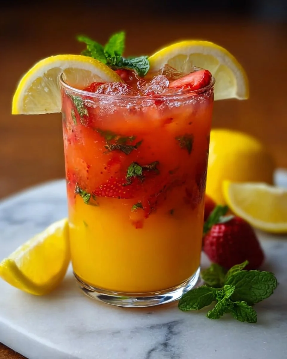 Erfrischende Mango Erdbeer Limonade im Glas mit frischen Früchten