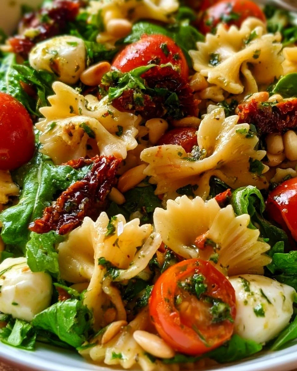 Mediterraner Nudelsalat mit Pesto in einer bunten Schüssel
