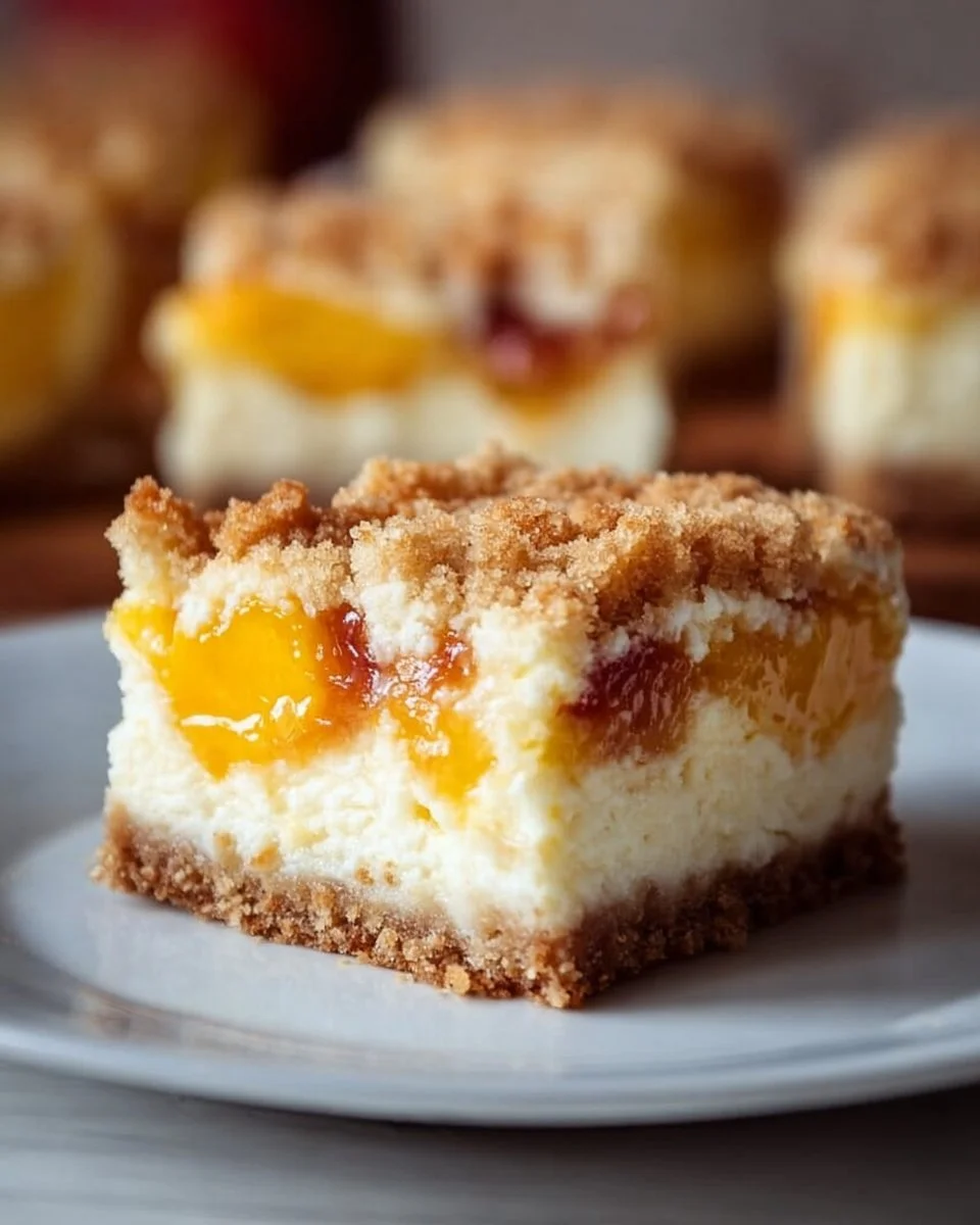 Pfirsich Cobbler Käsekuchen Riegel mit frischen Pfirsichen und Käsekuchenfüllung