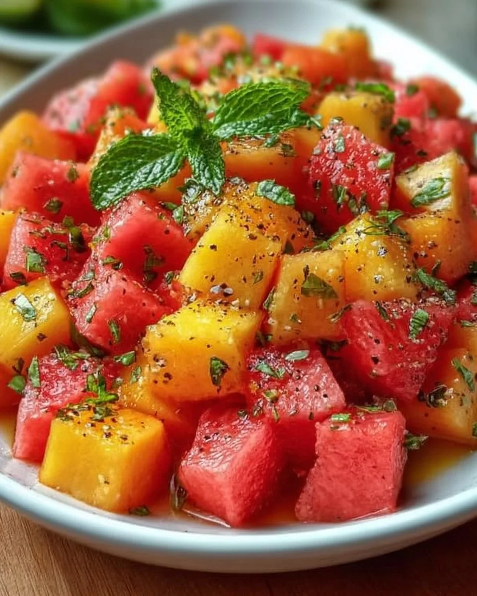 Erfrischender Pfirsich-Wassermelonen-Salat mit frischen Zutaten