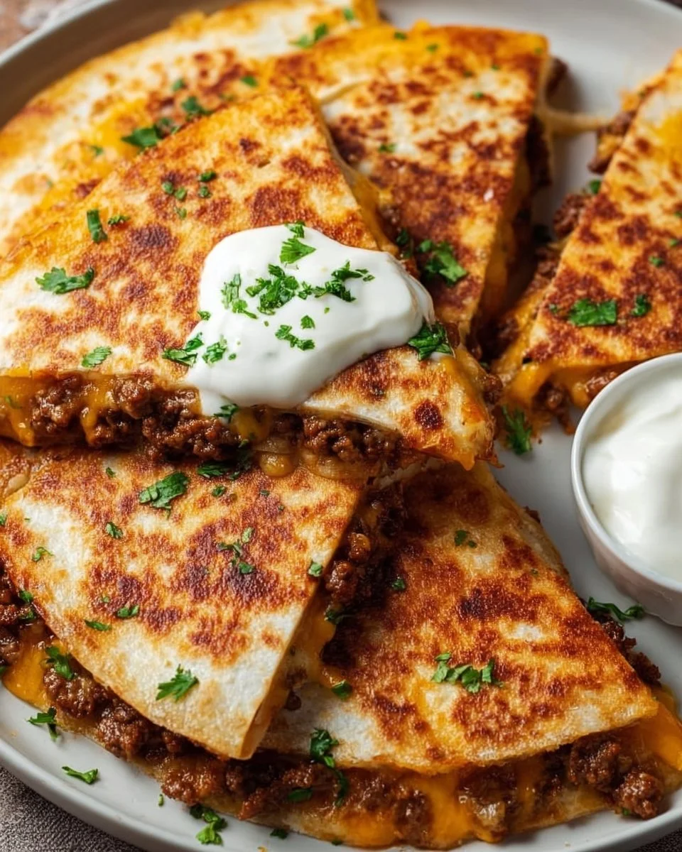 Rinderhack-Quesadillas mit knuspriger Kruste auf einem Teller serviert.