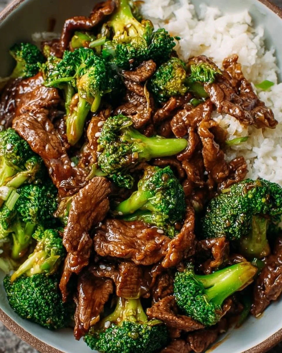 Rindfleisch und Brokkoli auf einem Teller präsentiert