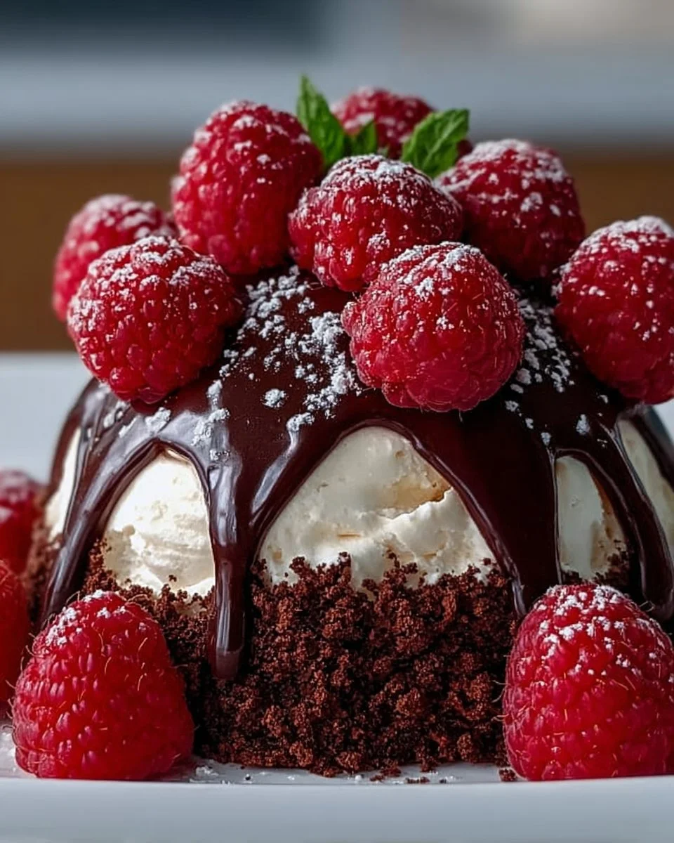 Schokoladen-Himbeer-Käsekuchen-Dome auf einem Teller, dekoriert mit frischen Himbeeren.