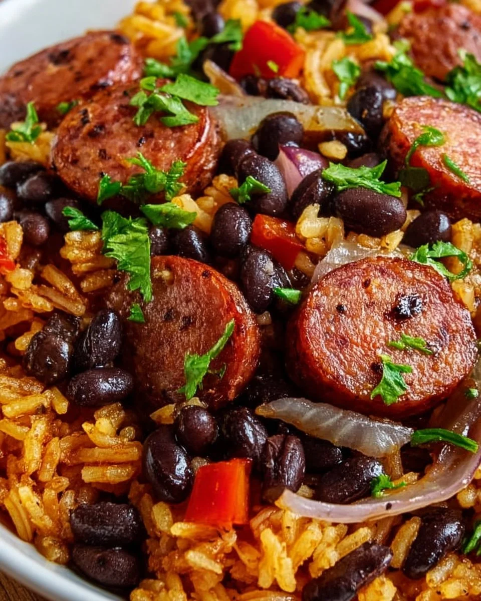 Schwarze Bohnen und Reis mit Wurst