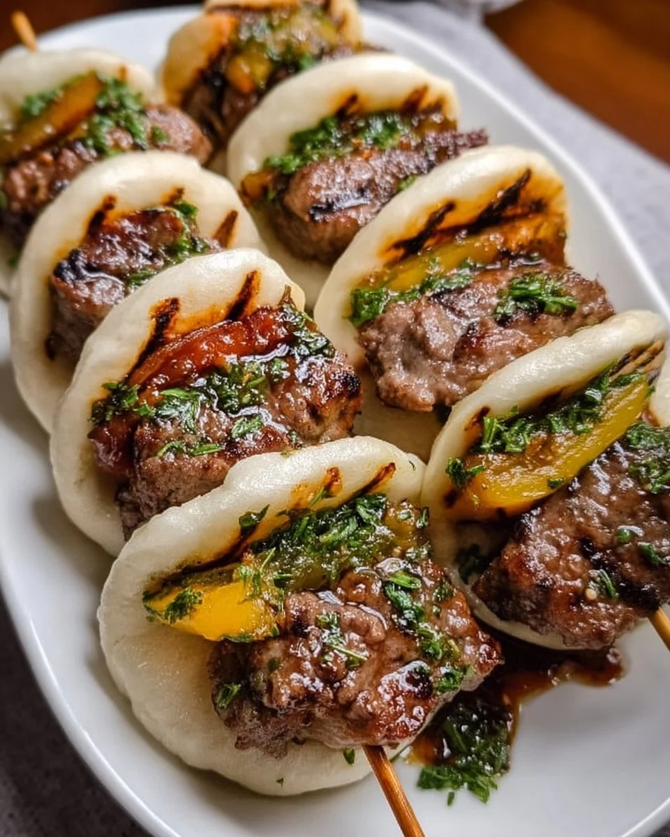 Rindfleisch-Bao-Brötchen auf einem Teller, bereit zum Genießen