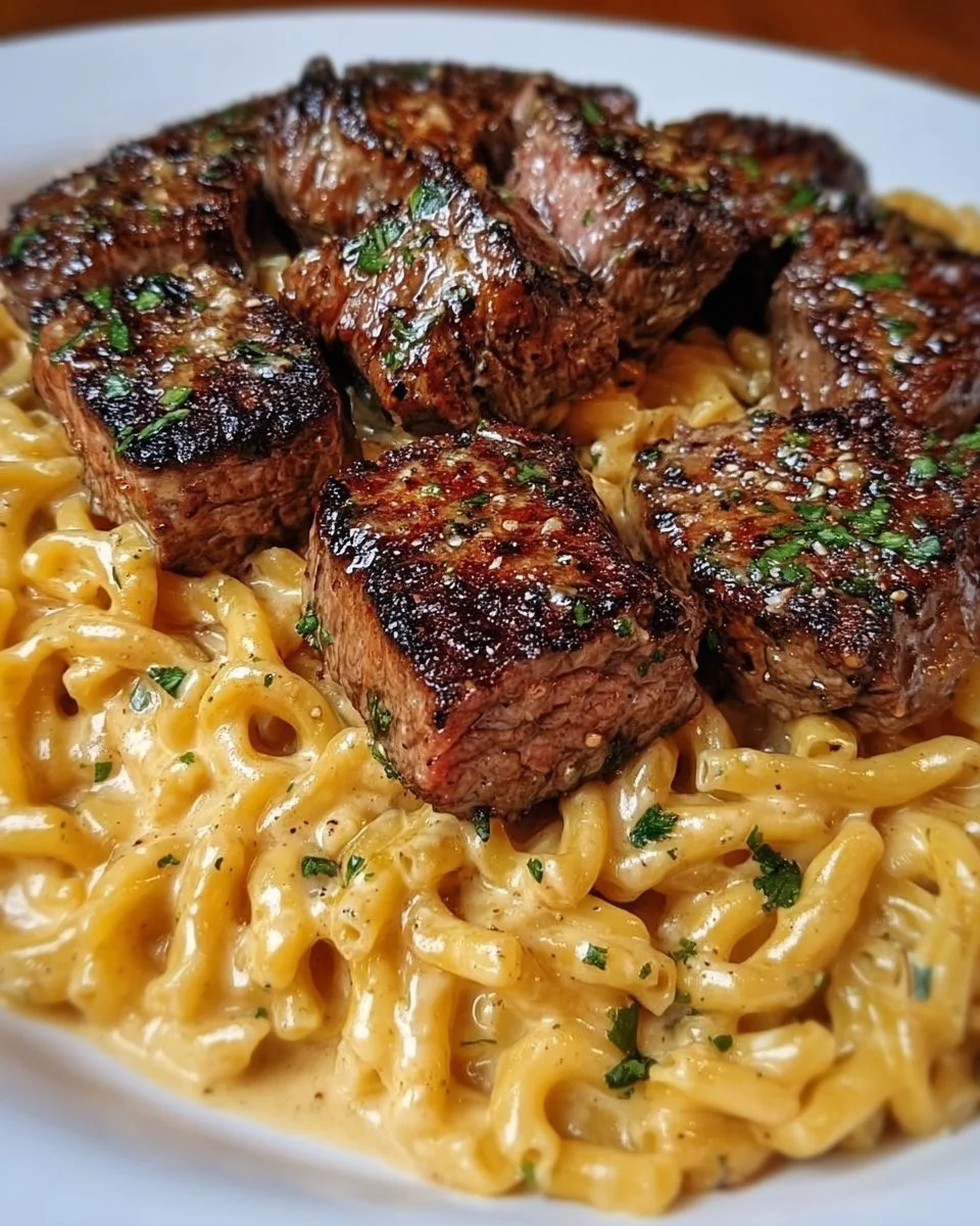 Vibrantes Gericht mit Steakbite und Pasta, serviert auf einem eleganten Teller.
