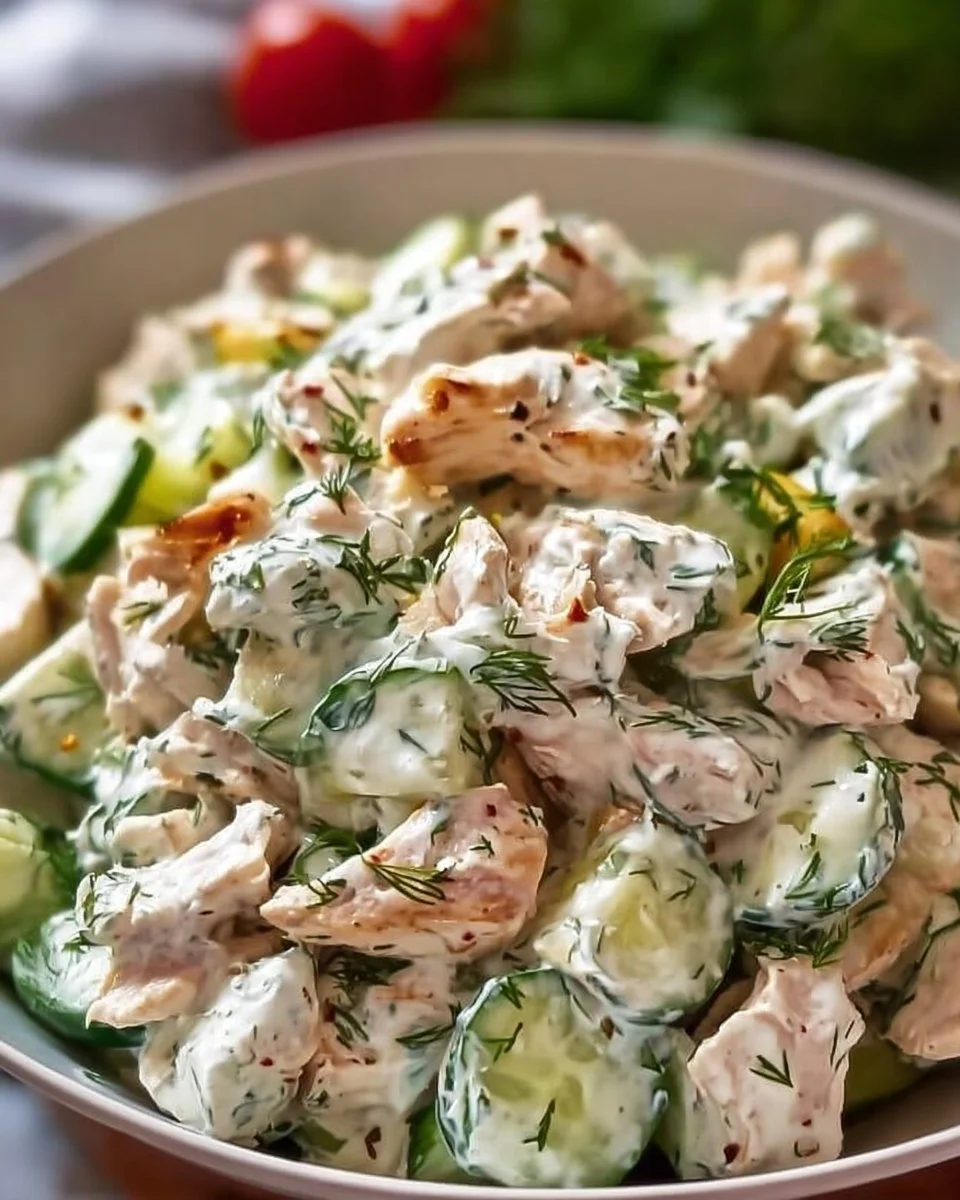 Tzatziki-Hühnchensalat mit frischen Zutaten auf einem Teller angerichtet