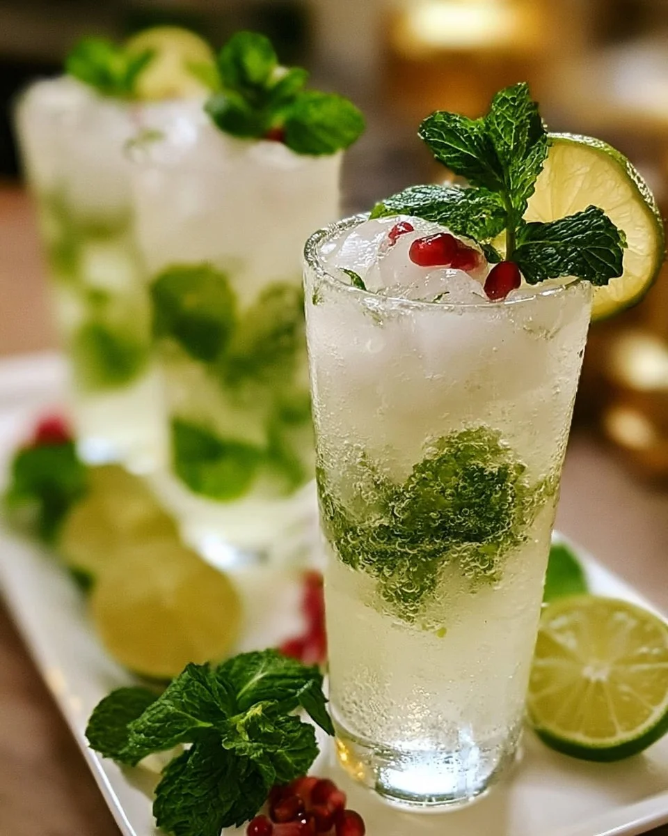 Ein erfrischender weißer Mojito für die Weihnachtszeit, serviert mit Minze und Limette.