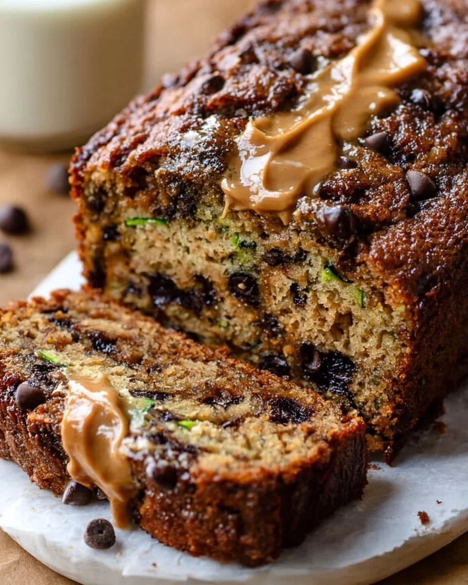 Zucchini-Brot mit Erdnussbutter und Schokoladenstückchen auf einem Holzbrett