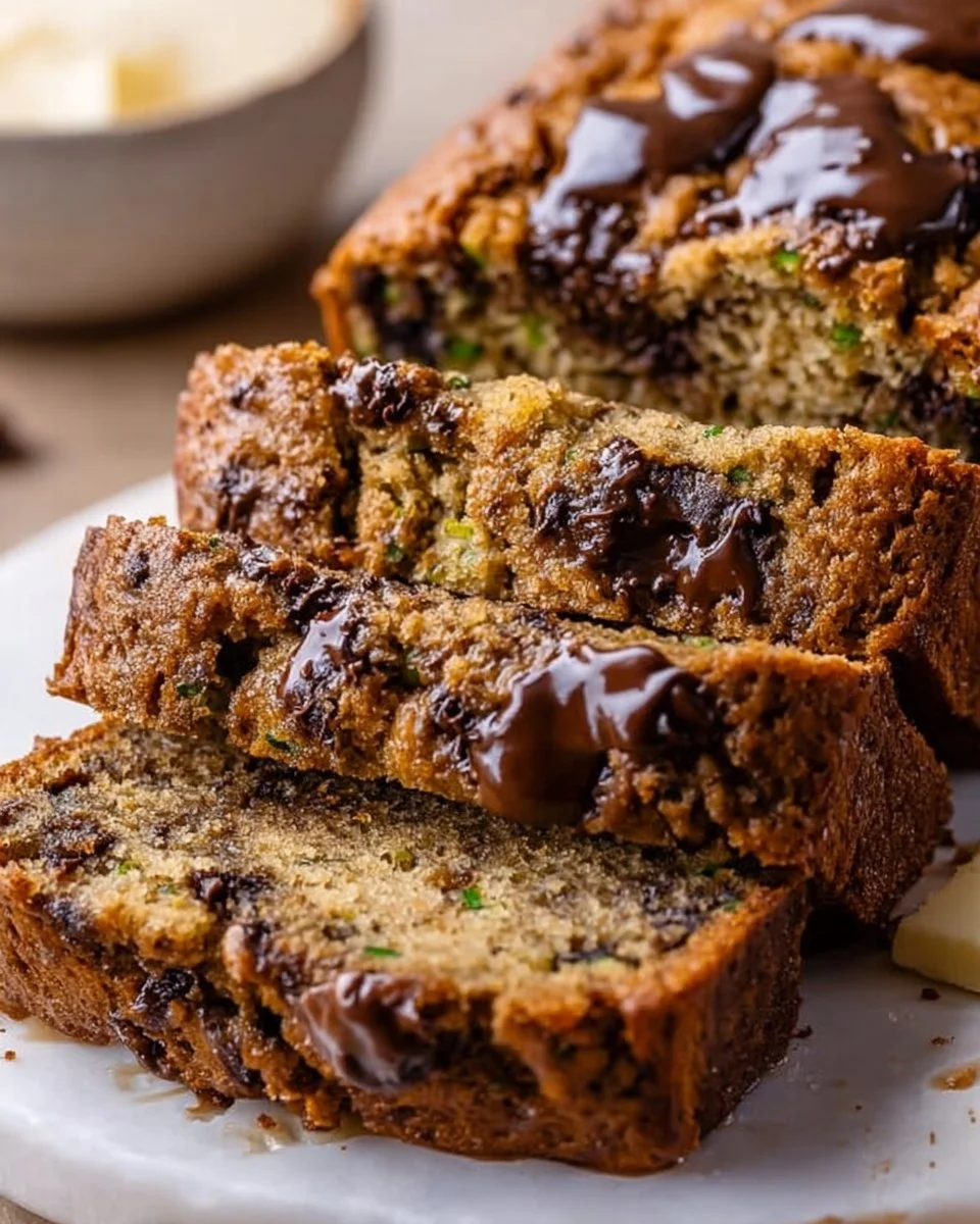Zucchini-Brot mit Erdnussbutter und Schokoladenstückchen auf einem Holzbrett