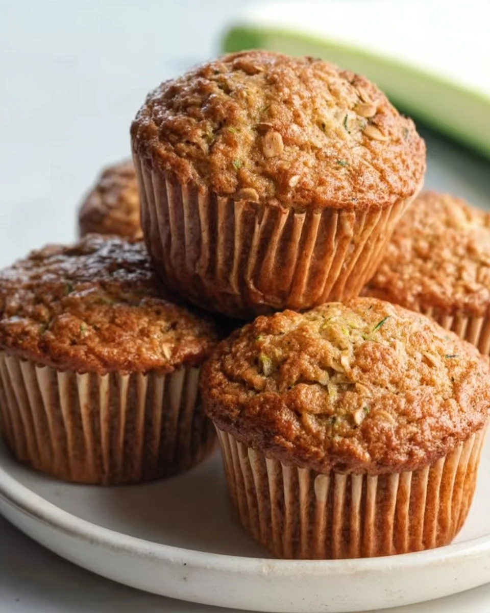 Zucchini-Haferflocken-Muffins auf einem Holztablett