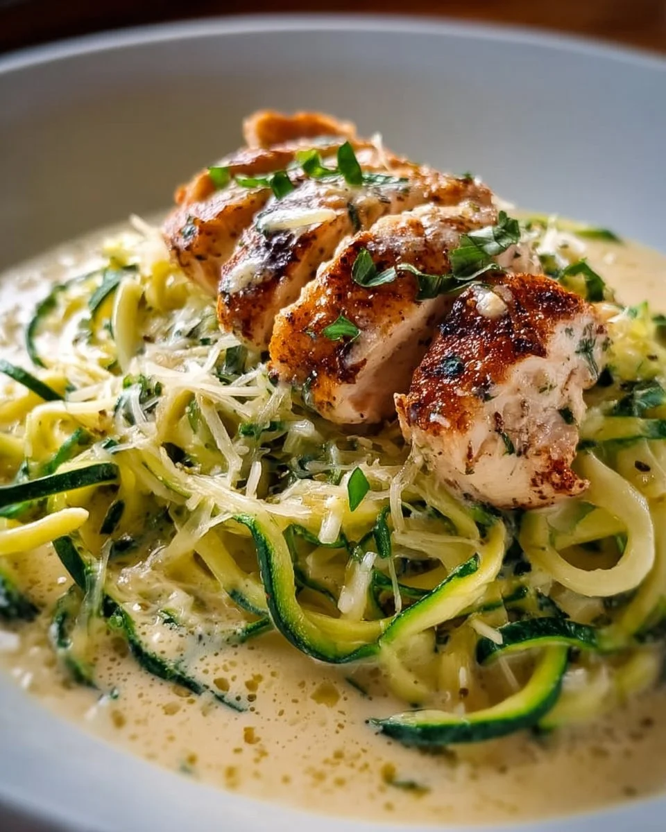 Zucchini-Nudel-Hühnchen-ALFREDO auf einem Teller mit frischen Kräutern garniert