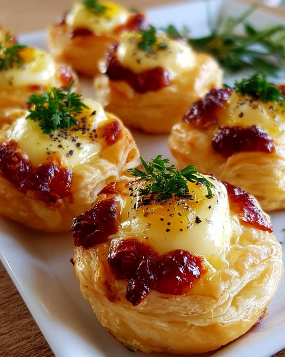 Blätterteig Häppchen mit Camembert auf einem Teller serviert