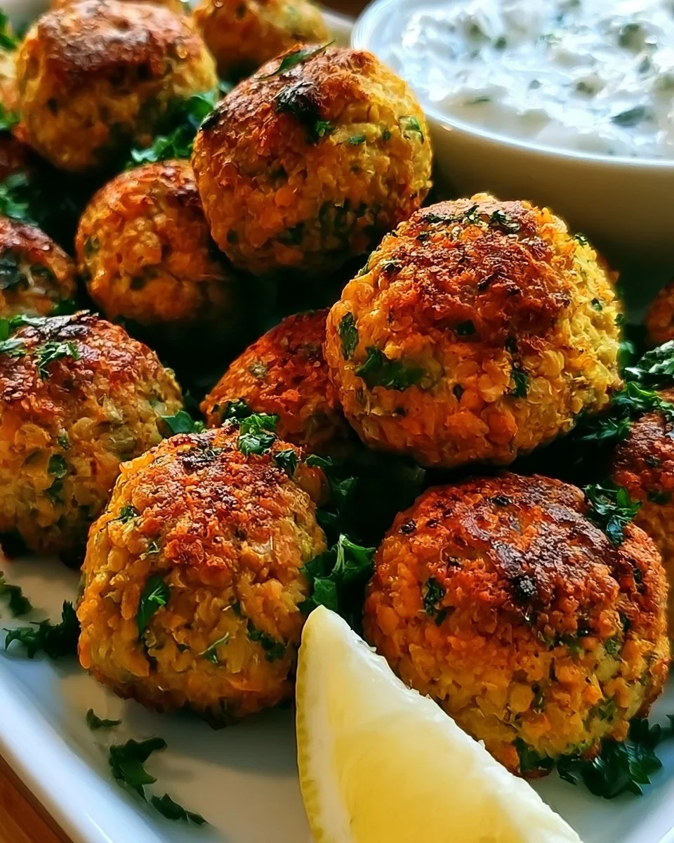 Fried Greek Lentil Meatballs with Tzatziki