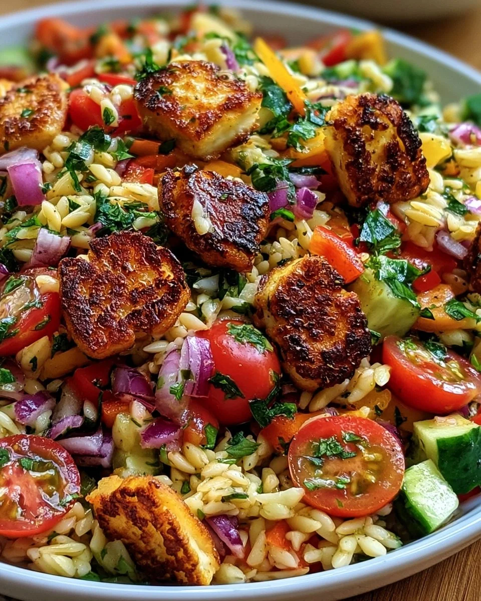 Kritharaki-Salat mit Halloumi-Croutons