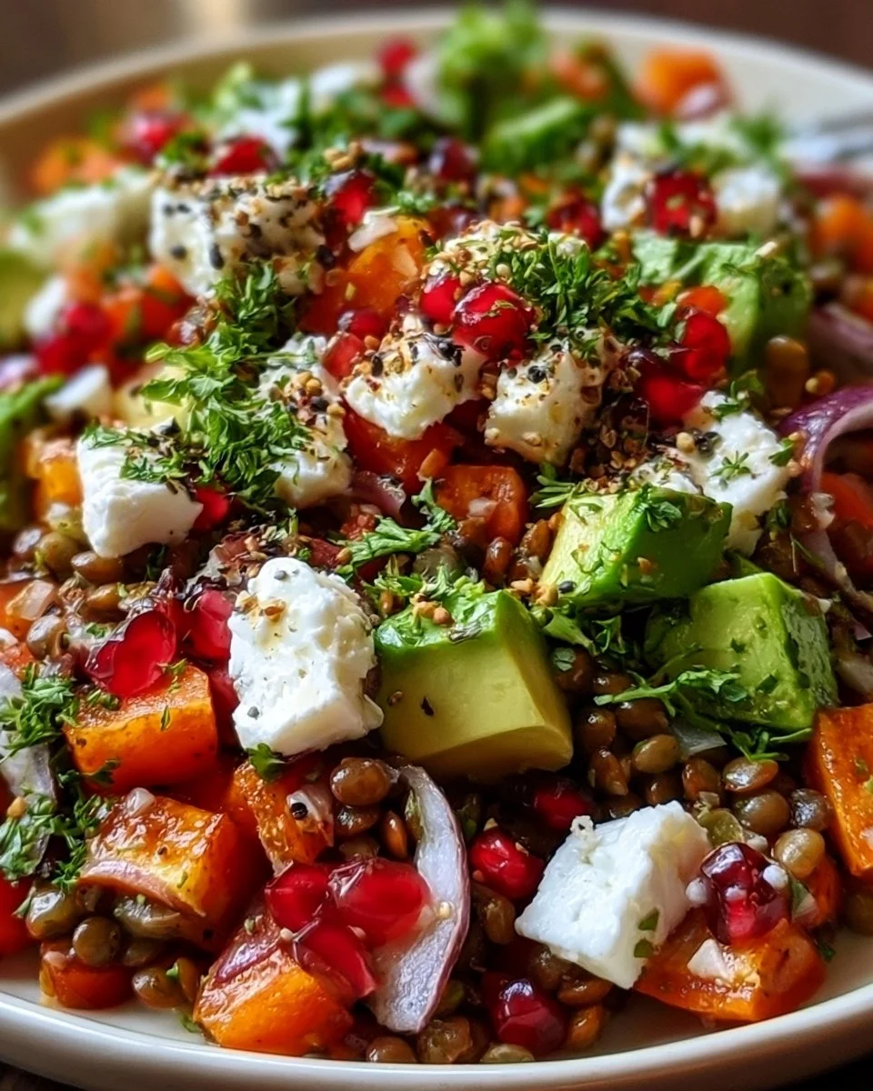 Orientalischer Linsensalat mit Feta, Avocado und Paprika