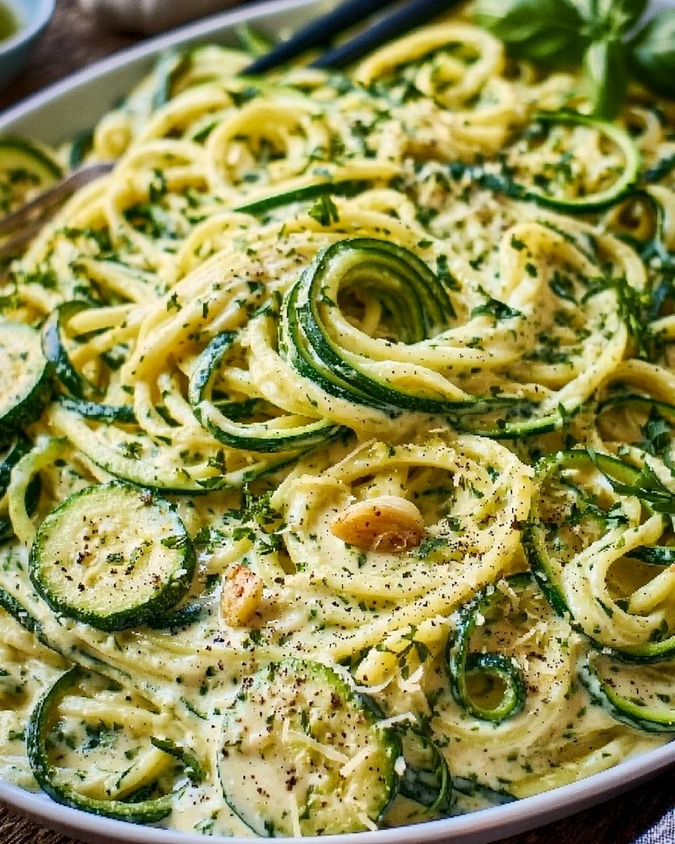 Zucchini-Spaghetti in cremiger Sauce
