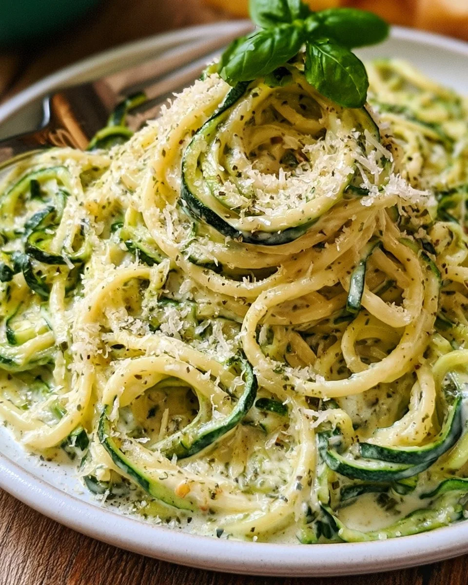 Zucchini-Spaghetti in cremiger Sauce